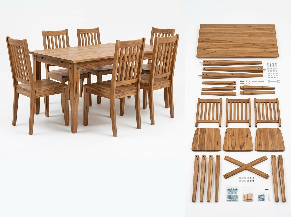 Solid Acacia Wood KD Dining Table & 6 Chairs Set