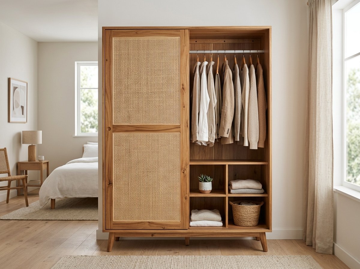 Rattan-Door Wardrobe - Solid Wood KD Design